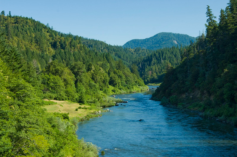 A river surrounded by trees and mountains on a sunny day in Rogue River-Siskiyou National Forest