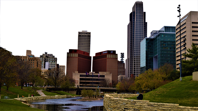 The omaha skyline with a river in the foreground
