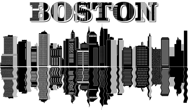 A black and white boston skyline is reflected in the water