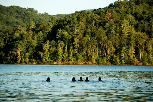 Three people are swimming in a lake in Cherokee National Forest with trees in the background.