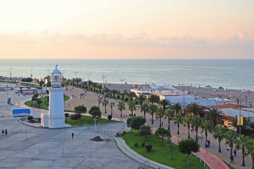 An aerial view of a city in georgia with a lighthouse and palm trees near the ocean.