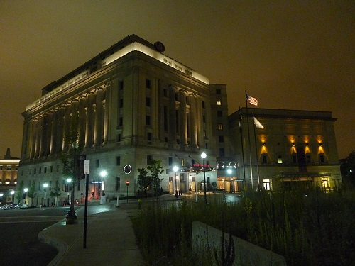 The Renaissance Providence Downtown Hotel lit up at night