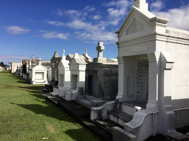 A historic new orleans cemetery with a lot of graves and a blue sky in the background