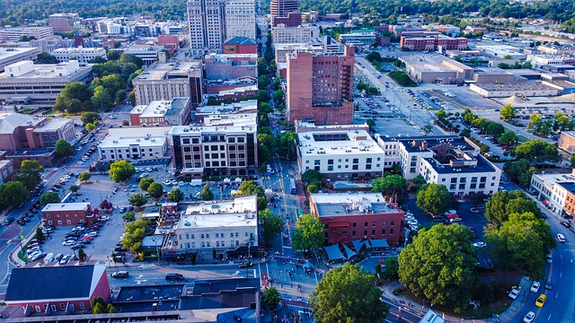An aerial view of greensboro with lots of buildings and trees.