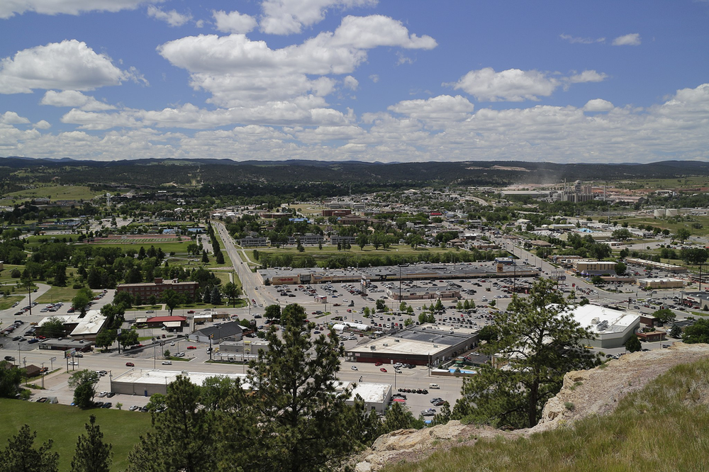 An aerial view of rapid city on a sunny day
