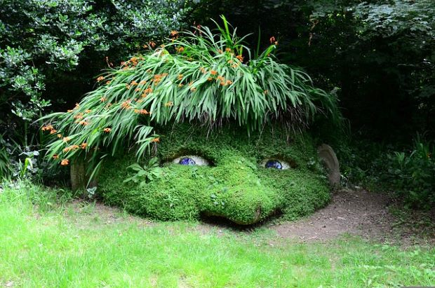 A statue of a face made of plants in The Lost Gardens Of Heligan.
