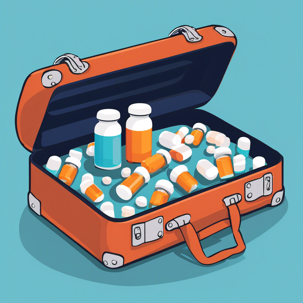 A cartoon suitcase filled with bottles of pills and capsules.