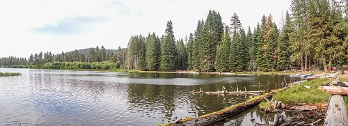 A large body of water in the Manzanita Lake Naturalist’s Services Historic District of lassen volcanic np