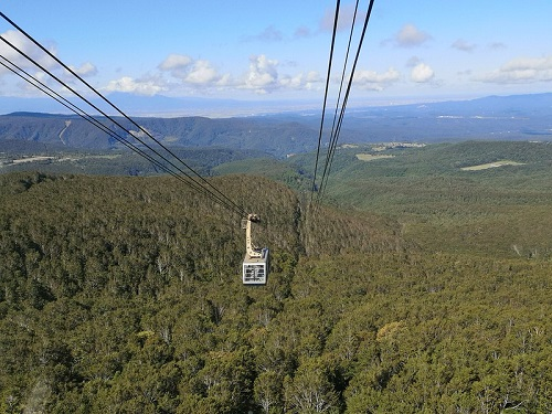 A cable car going over a forest near Amori City with mountains in the background