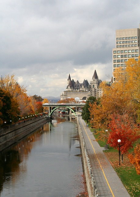 A river with a bridge and a castle in the background