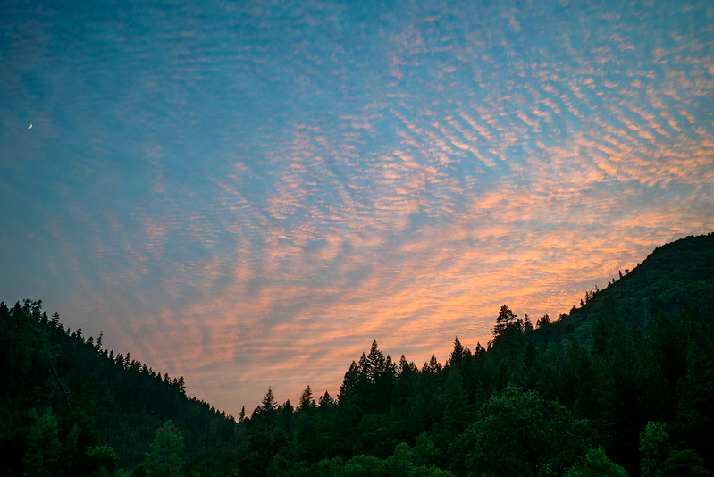 A sunset over a mountain in Mendocino National Forest with trees in the foreground and a cloudy sky in the background.