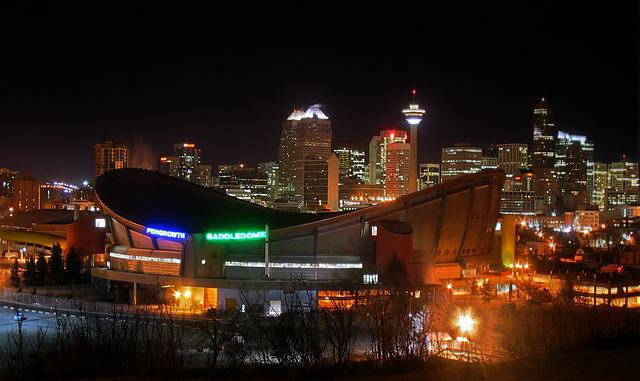 The Calgary saddledome arena at night