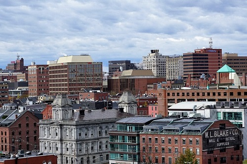 An aerial view of congress street in portland