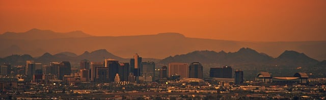 The phoenix skyline with mountains in the background at sunset.