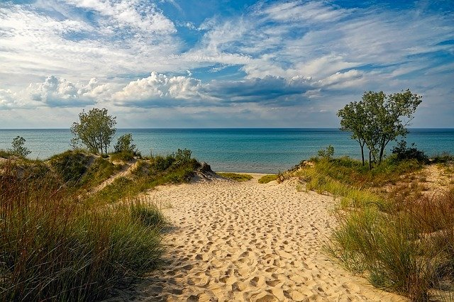 A sandy path leading to a lake on a sunny day in indiana dunes np