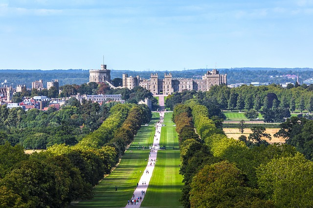 An aerial view of a park with windsor castle in the background.