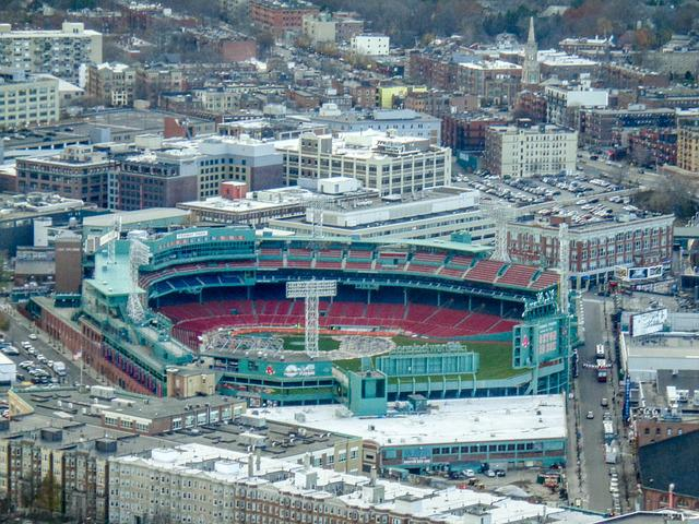 An aerial view of a Fenway Park baseball stadium in Boston
