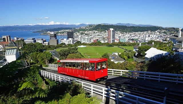 A red funicular railway car is going down a hill with wellington in the background.