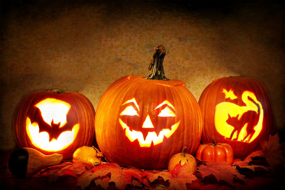 Three halloween pumpkins with faces carved into them are sitting on top of a pile of leaves.