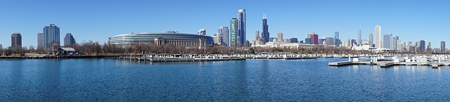 A panoramic view of the chicago skyline over lake michigan