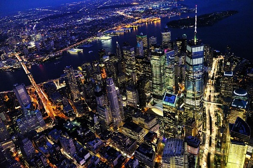 An aerial view of new york city at night