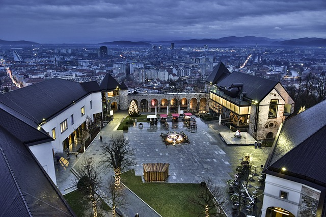 An aerial view ljubljana castle at night