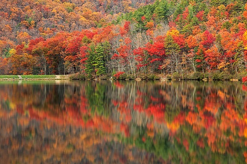 A lake surrounded by trees with autumn leaves reflected in the water in George Washington & Jefferson National Forests