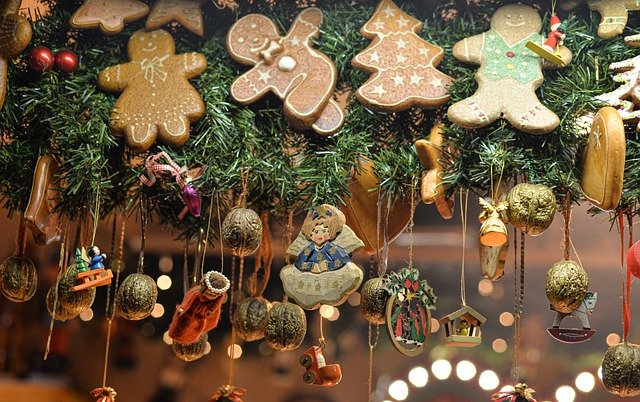 A bunch of christmas decorations hanging from a christmas tree at St Peter's Church
