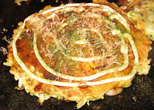 A close up of okonomyaki