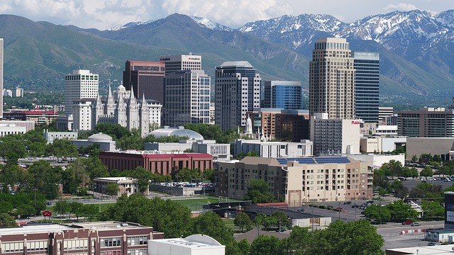 An aerial view of Salt Lake City with mountains in the background