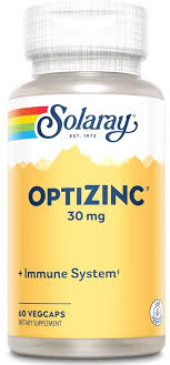 A bottle of solaray optizinc 30 mg immune system.