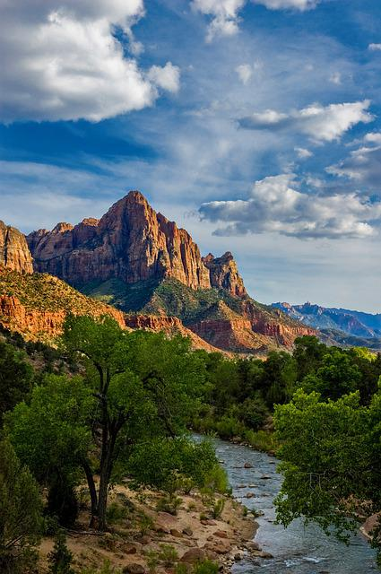 A river running through a canyon with mountains in the background in Zion NP