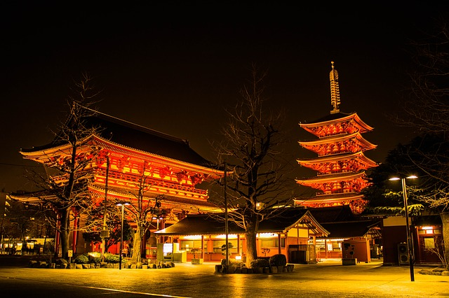 A temple in Tokyo is lit up at night with a tower in the background.