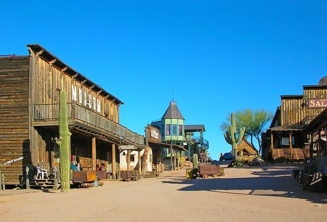 A row of old wooden buildings in the goldfield ghost town