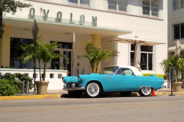 A blue car is parked in front of the avalon hotel in miami