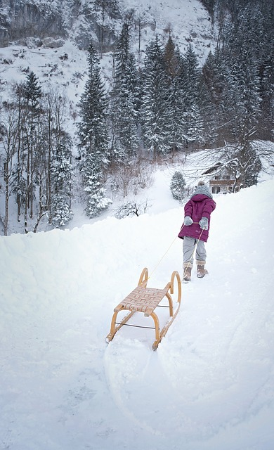 A little girl is pulling a sled down a snow covered hill.