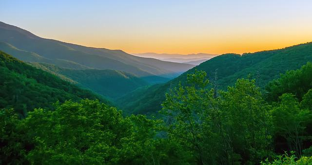 A view of a valley filled with trees and mountains from Blue Ridge Parkway at sunset.