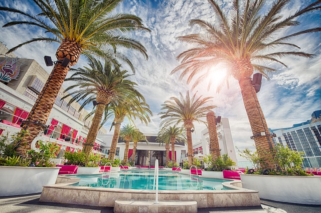 A hotel swimming pool surrounded by palm trees in las vegas