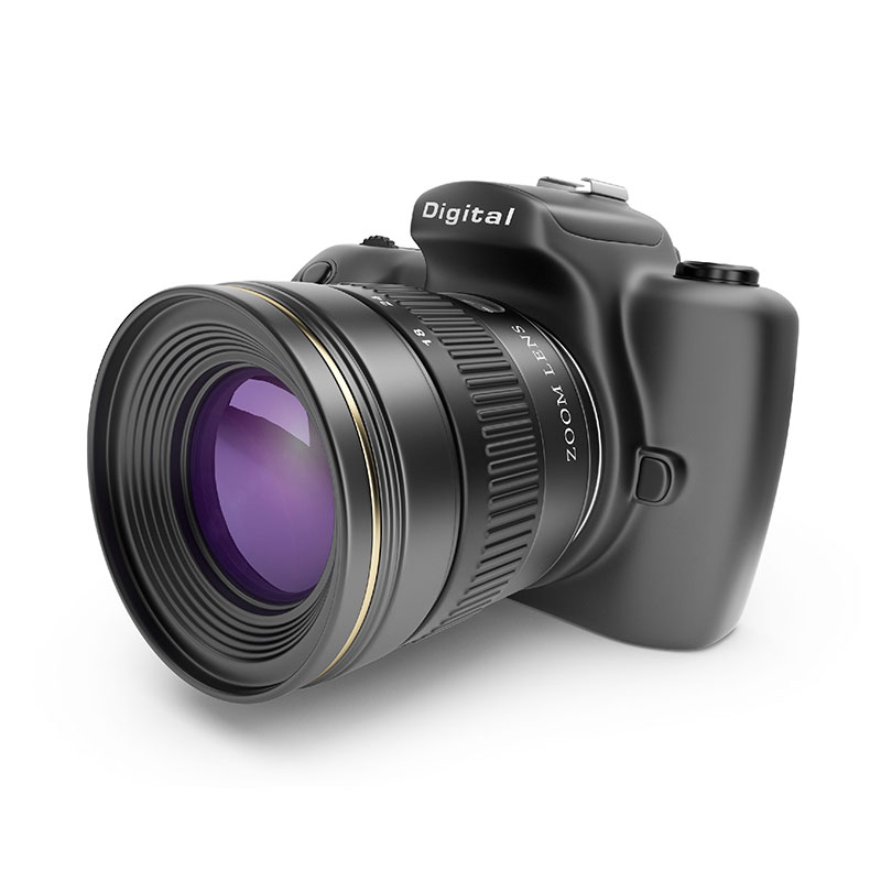 A digital camera with a purple lens on a white background