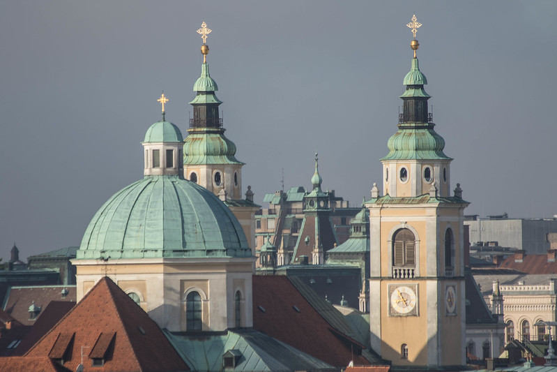 Ljubljana Cathedral with a clock tower in the middle