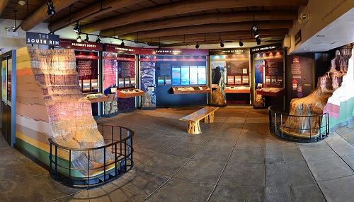 a lot of displays and a bench in a museum in grand canyon np