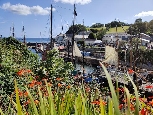Boats are docked in a harbor in Charlestown with flowers in the foreground