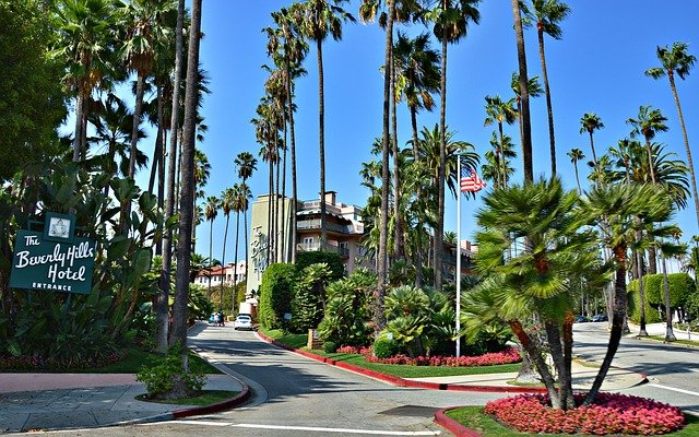 The entrance to the beverly hills hotel is surrounded by palm trees