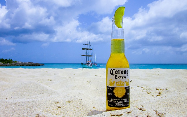 A bottle of corona extra beer is sitting on miami beach.