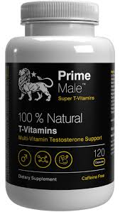 A bottle of prime male 100 % natural t-vitamins multivitamin testosterone support.
