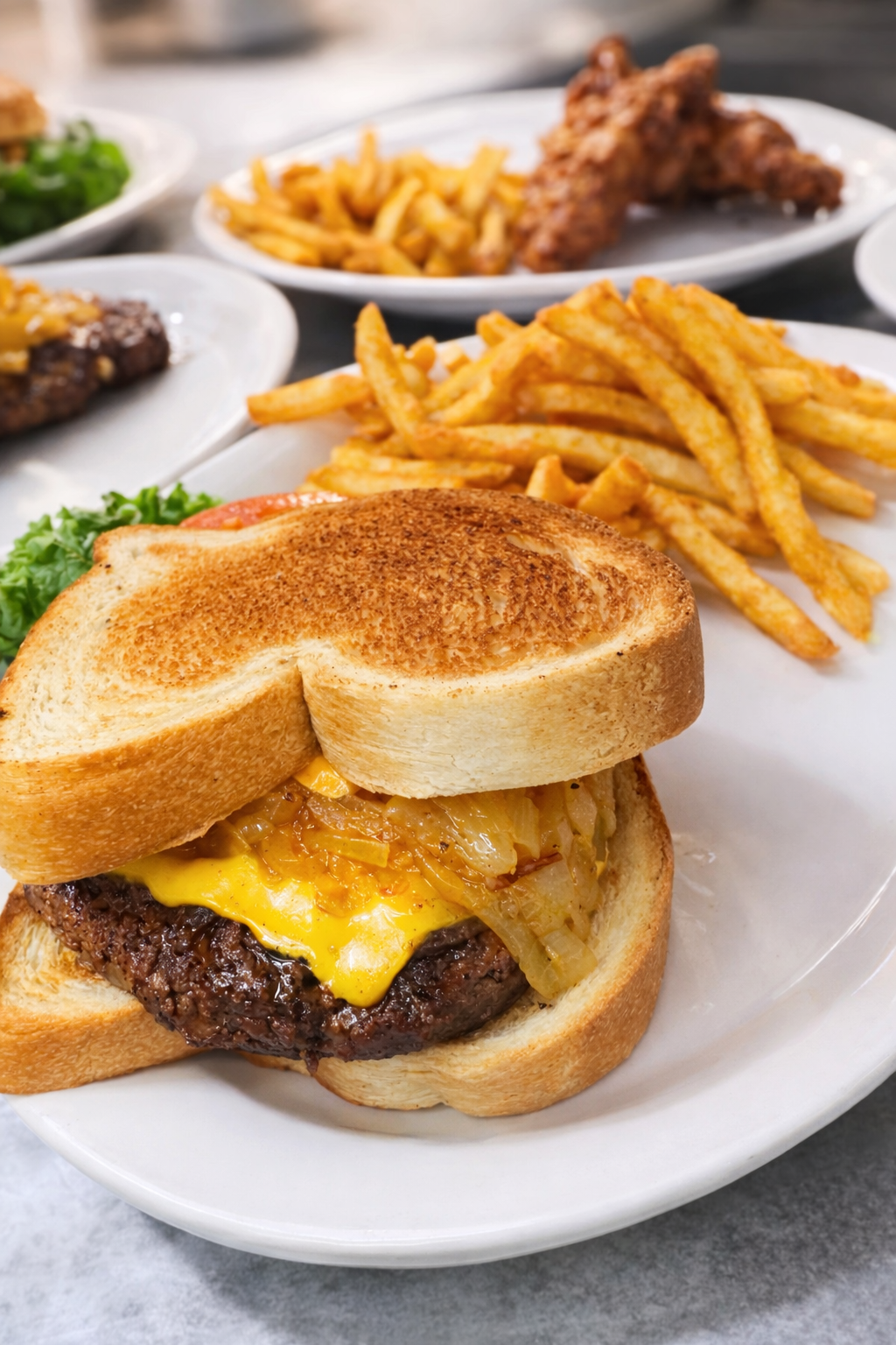 Two cheeseburgers, each with a wooden toothpick and a side of french fries, sit on white plates in a kitchen setting.