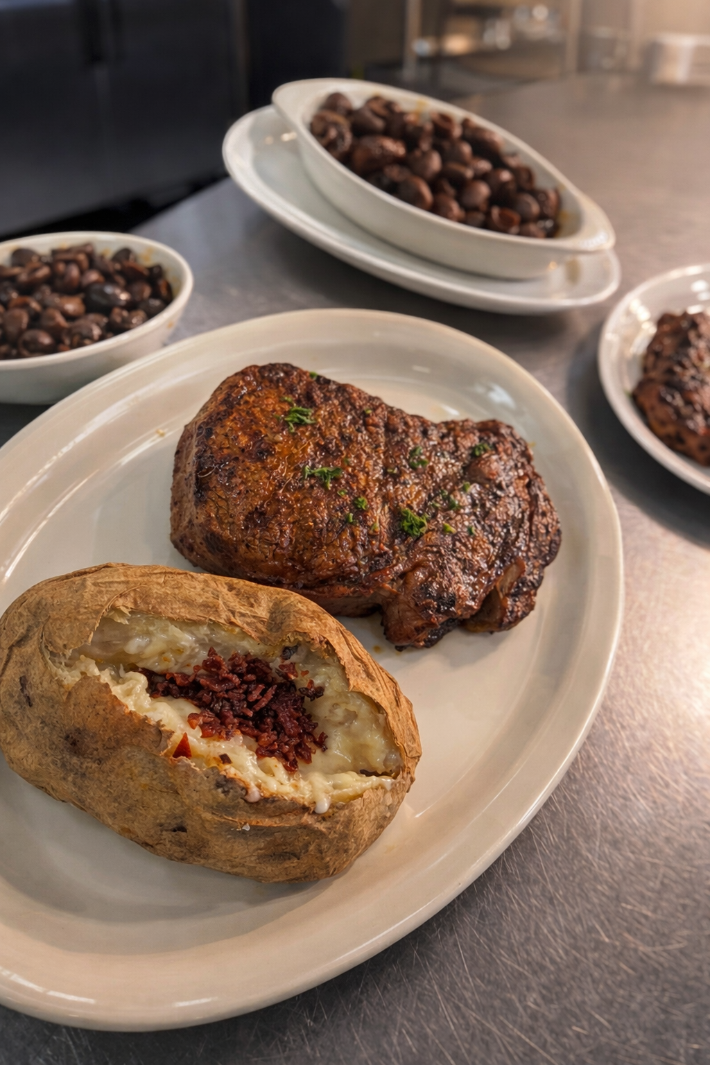 A seared steak and a baked potato with bacon bits sit on a white platter, with bowls of black beans in the background.