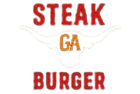 A logo featuring the text "STEAK BURGER" in red with "GA" in orange centered over a white outline of a longhorn skull.