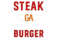 A logo featuring the text "STEAK BURGER" in red with "GA" in orange centered over a white outline of a longhorn skull.