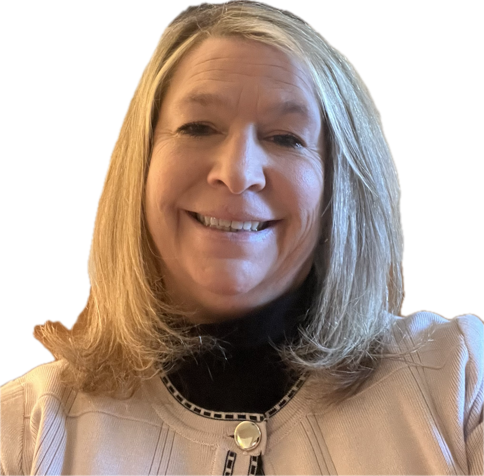 Smiling woman in a cream jacket and black turtleneck against a white background